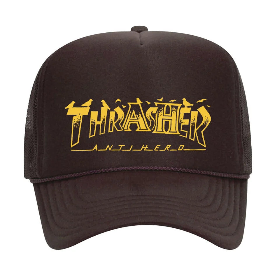 Thrasher x Antihero Pigeon Mag Trucker Hat Brown